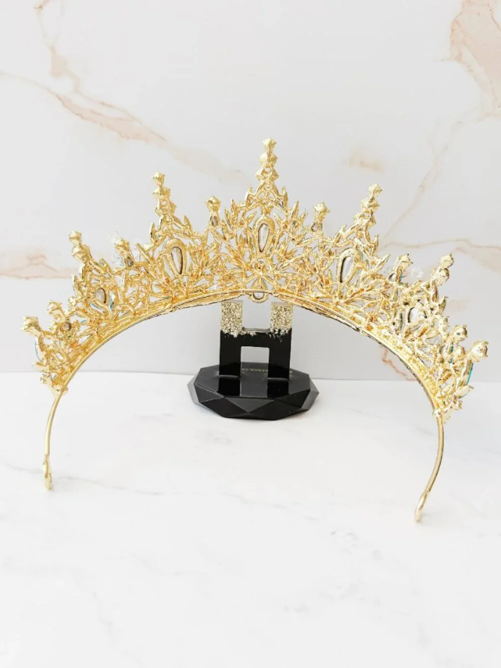 Aqua Blue Crystal Tiara, Gold Crown for Weddings, Pageants and Quinceañeras